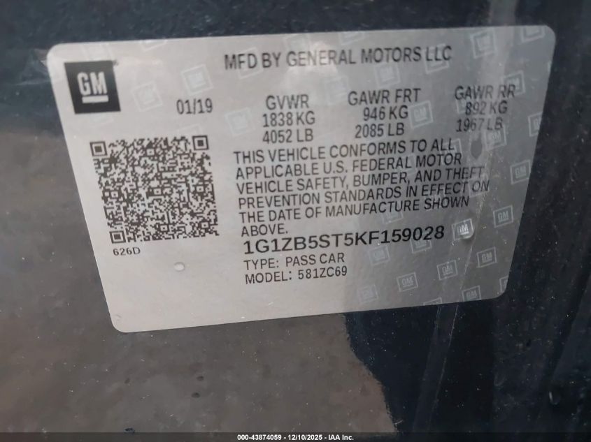 2019 Chevrolet Malibu 1Ls VIN: 1G1ZB5ST5KF159028 Lot: 43874059