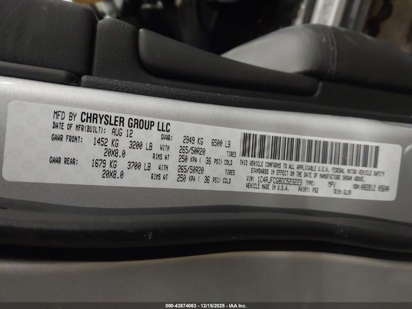 2013 Jeep Grand Cherokee Overland VIN: 1C4RJFCG8DC523223 Lot: 43874063