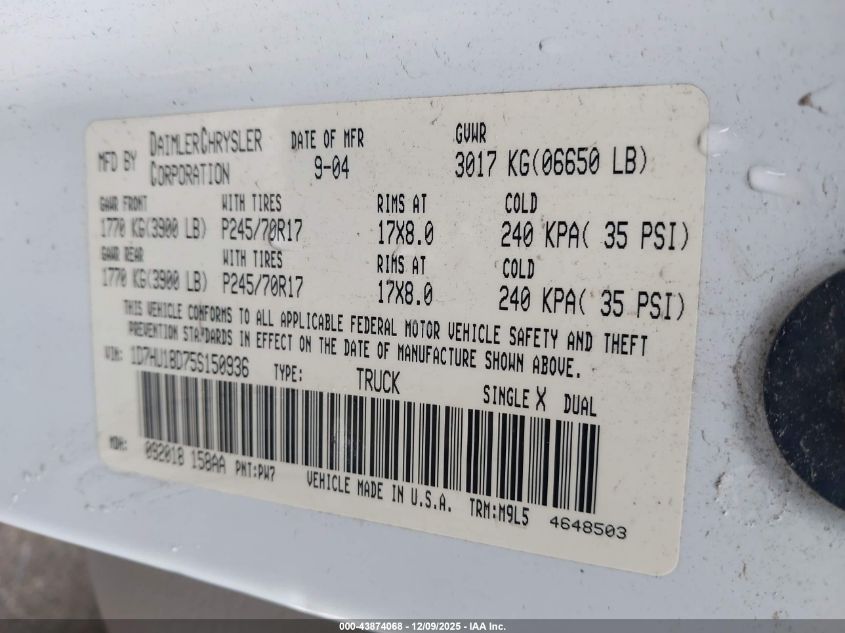 2005 Dodge Ram 1500 Slt/Laramie VIN: 1D7HU18D75S150936 Lot: 43874068