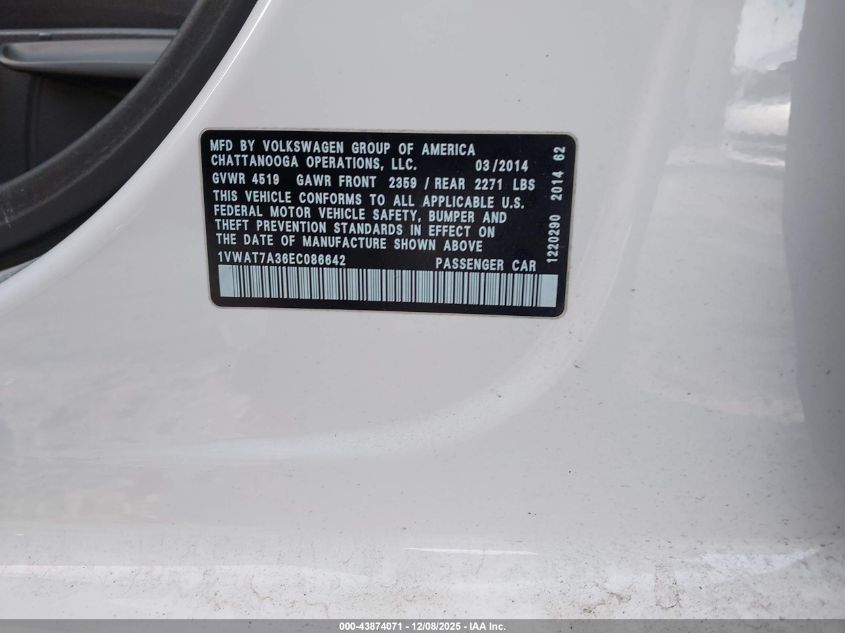 2014 Volkswagen Passat 1.8T S VIN: 1VWAT7A36EC086642 Lot: 43874071