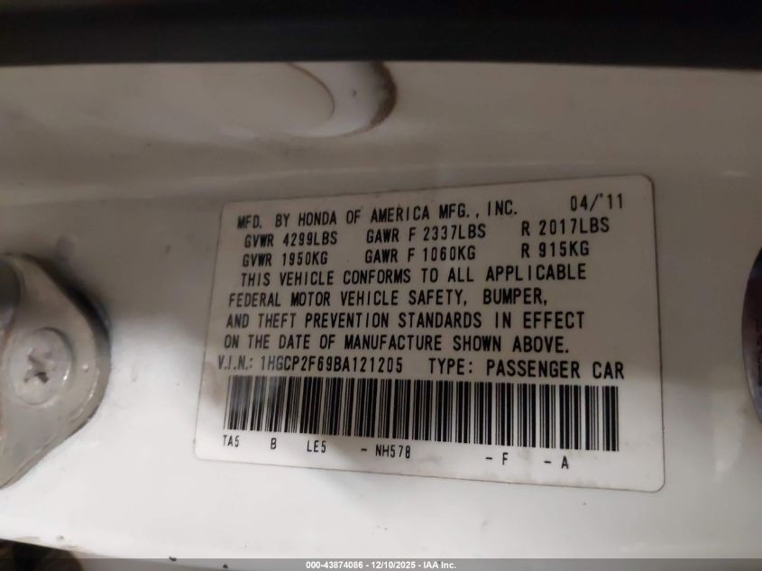 2011 Honda Accord 2.4 Se VIN: 1HGCP2F69BA121205 Lot: 43874086