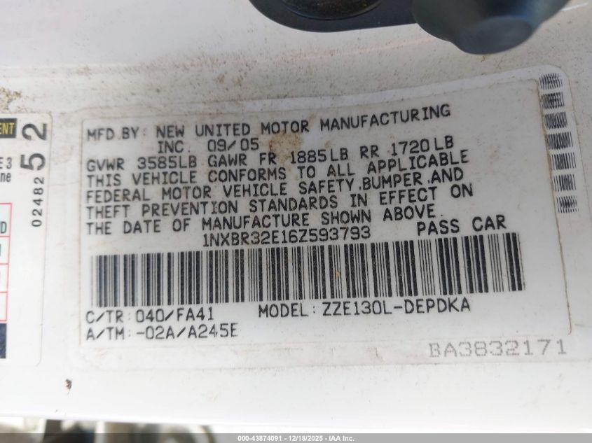 2006 Toyota Corolla Ce VIN: 1NXBR32E16Z593793 Lot: 43874091