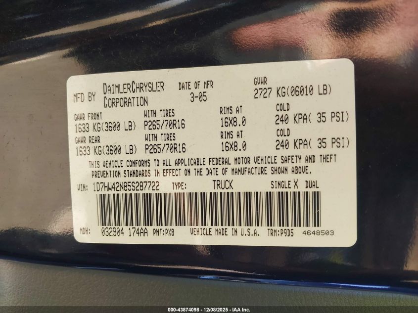 2005 Dodge Dakota Slt VIN: 1D7HW42N85S287722 Lot: 43874098
