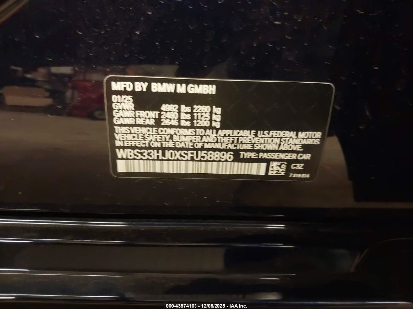 2025 BMW M3 Competition xDrive VIN: WBS33HJ0XSFU58896 Lot: 43874103