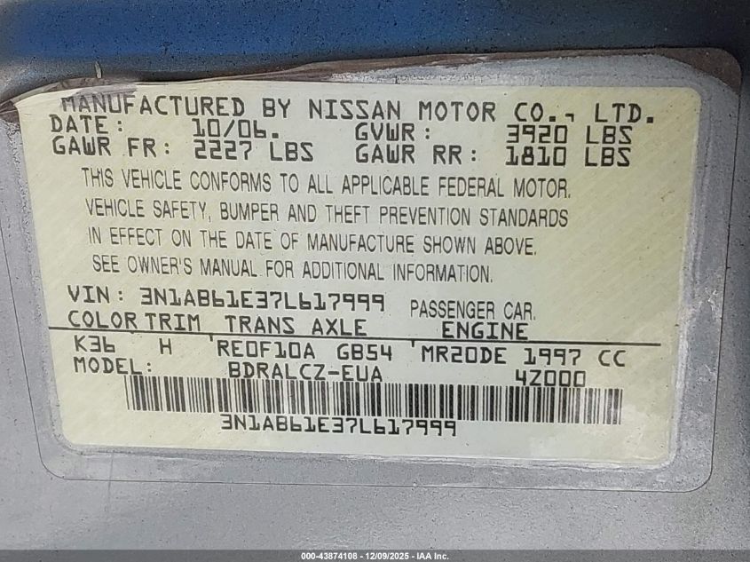 2007 Nissan Sentra 2.0 VIN: 3N1AB61E37L617999 Lot: 43874108