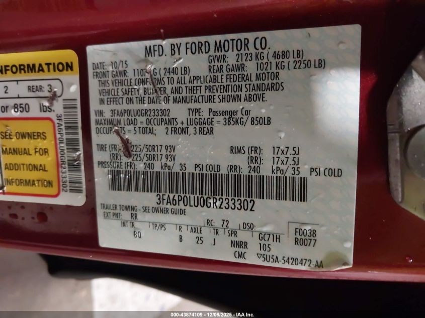 2016 Ford Fusion Hybrid Se VIN: 3FA6P0LU0GR233302 Lot: 43874109