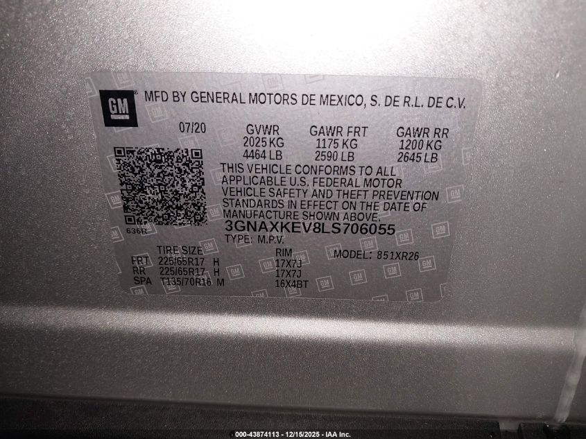 2020 Chevrolet Equinox Fwd Lt 1.5L Turbo VIN: 3GNAXKEV8LS706055 Lot: 43874113