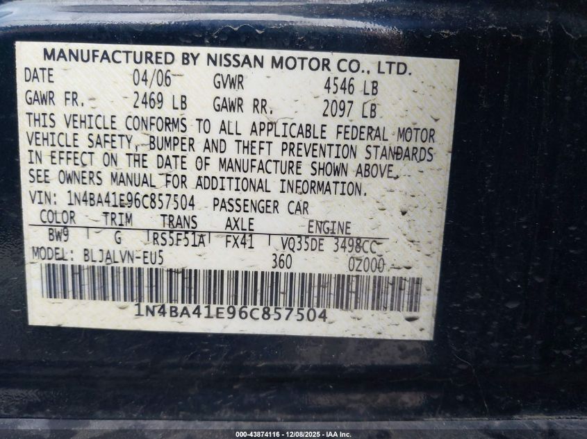 2006 Nissan Maxima 3.5 Se VIN: 1N4BA41E96C857504 Lot: 43874116