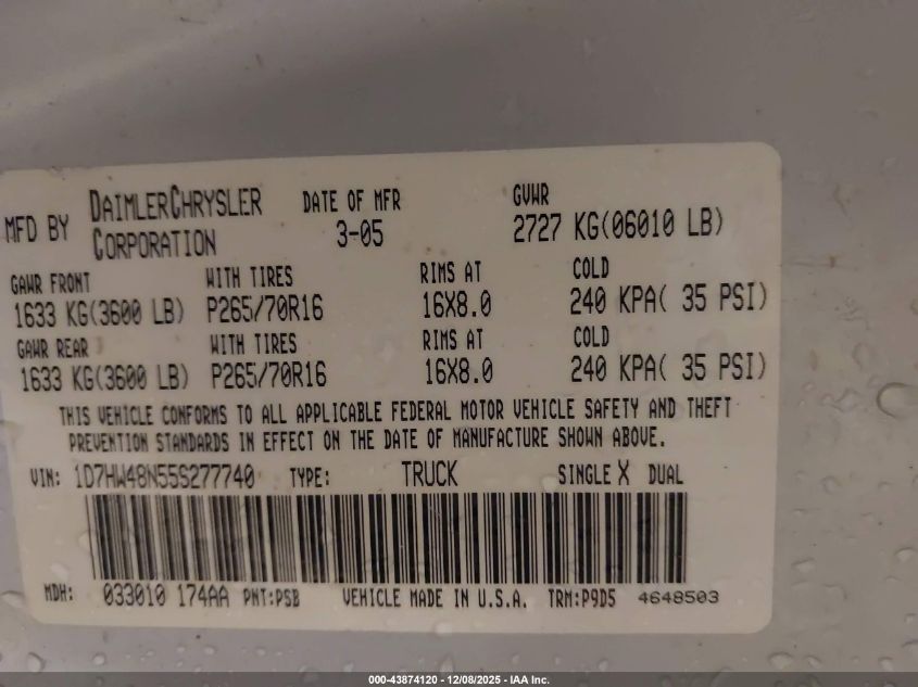 2005 Dodge Dakota Slt VIN: 1D7HW48N55S277740 Lot: 43874120
