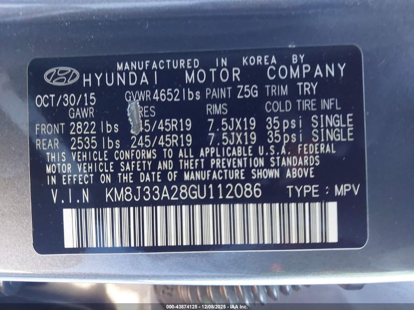 2016 Hyundai Tucson Limited VIN: KM8J33A28GU112086 Lot: 43874125