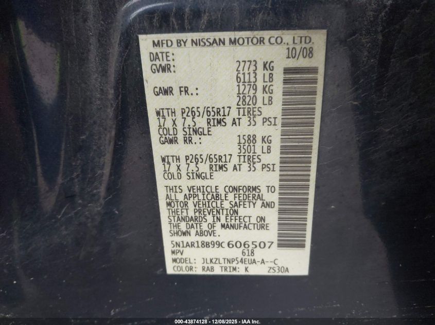 2009 Nissan Pathfinder Se VIN: 5N1AR18B99C606507 Lot: 43874128