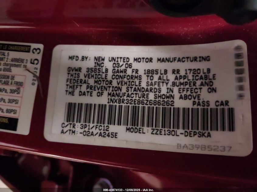 2006 Toyota Corolla S VIN: 1NXBR32E86Z686262 Lot: 43874133