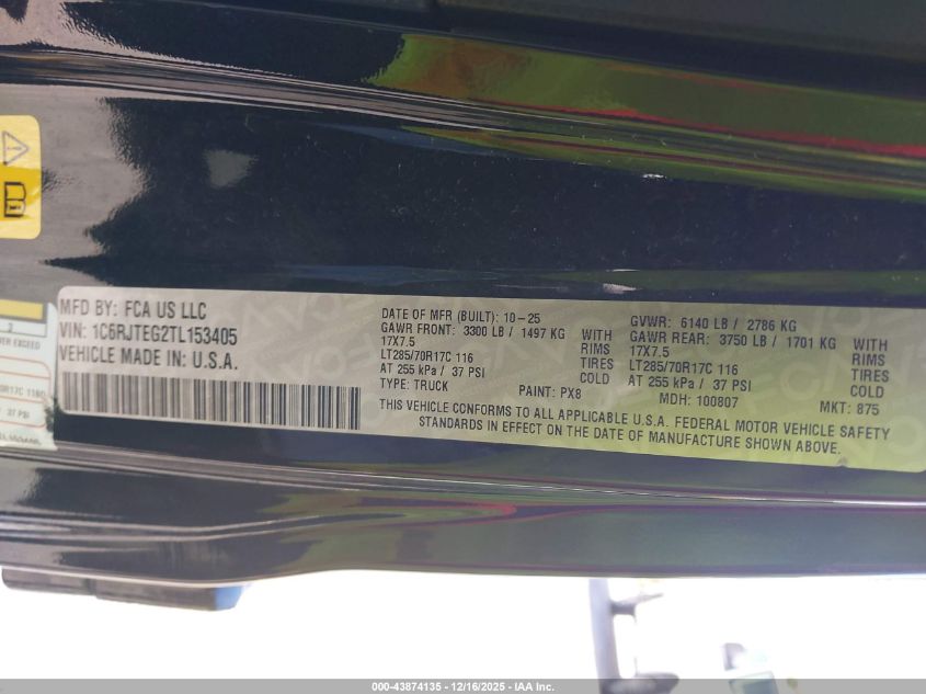 2026 Jeep Gladiator VIN: 1C6RJTEG2TL153405 Lot: 43874135