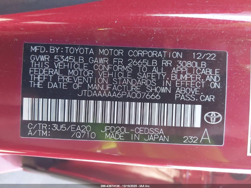 2023 Toyota Mirai Xle VIN: JTDAAAAA6PA007666 Lot: 43874138