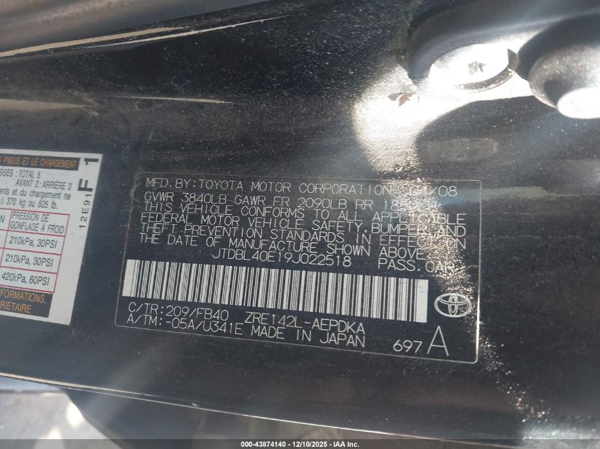 2009 Toyota Corolla Le VIN: JTDBL40E19J022518 Lot: 43874140