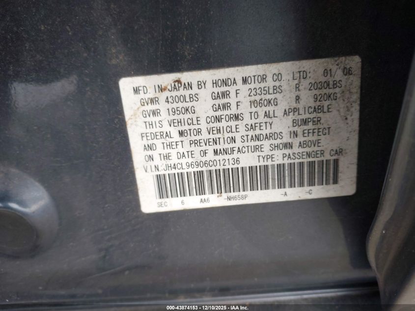 2006 Acura Tsx VIN: JH4CL96906C012136 Lot: 43874153