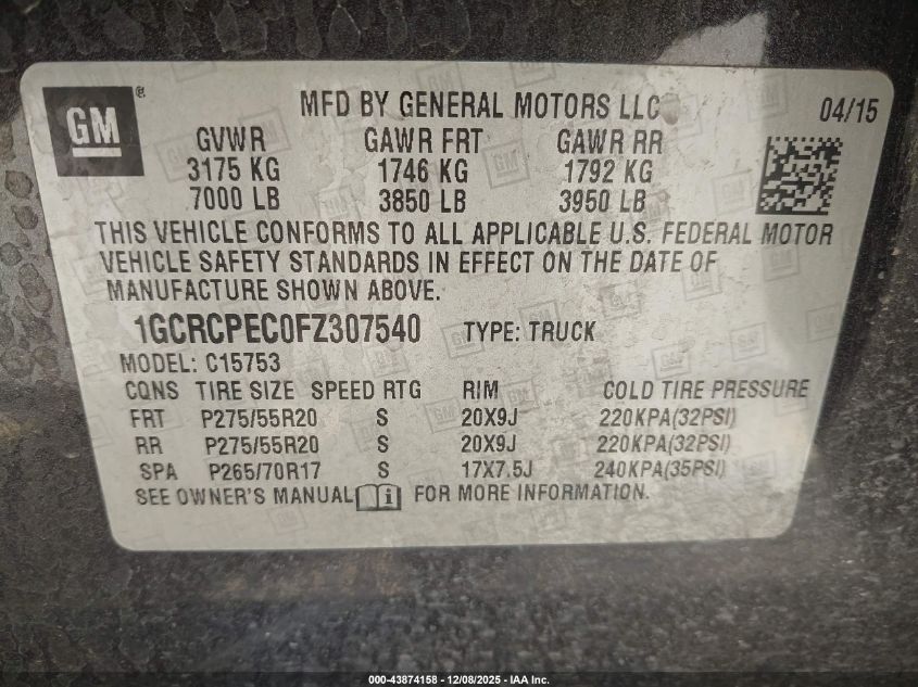 2015 Chevrolet Silverado 1500 Ls VIN: 1GCRCPEC0FZ307540 Lot: 43874158