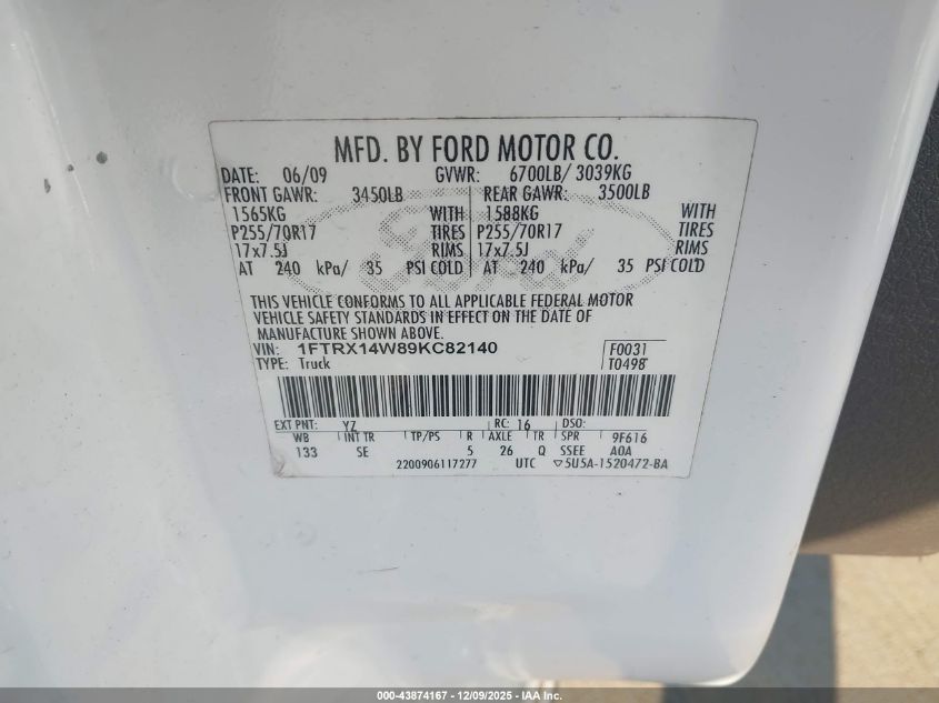 2009 Ford F-150 Stx/Xl VIN: 1FTRX14W89KC82140 Lot: 43874167