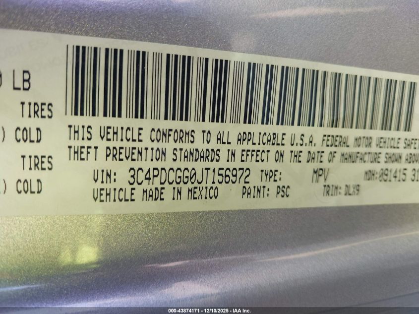 2018 Dodge Journey Crossroad VIN: 3C4PDCGG0JT156972 Lot: 43874171