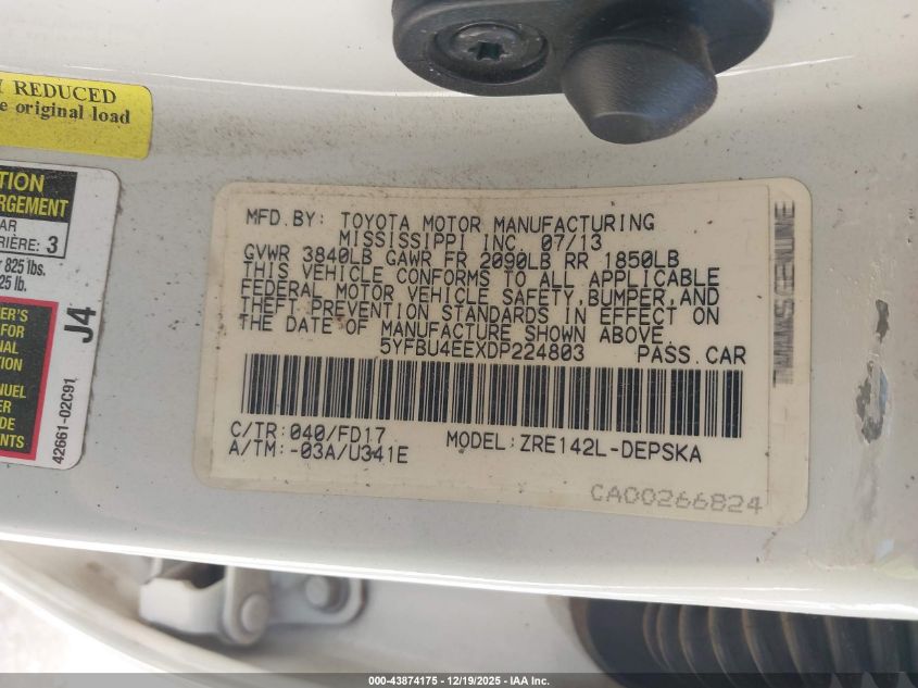 2013 Toyota Corolla S VIN: 5YFBU4EEXDP224803 Lot: 43874175