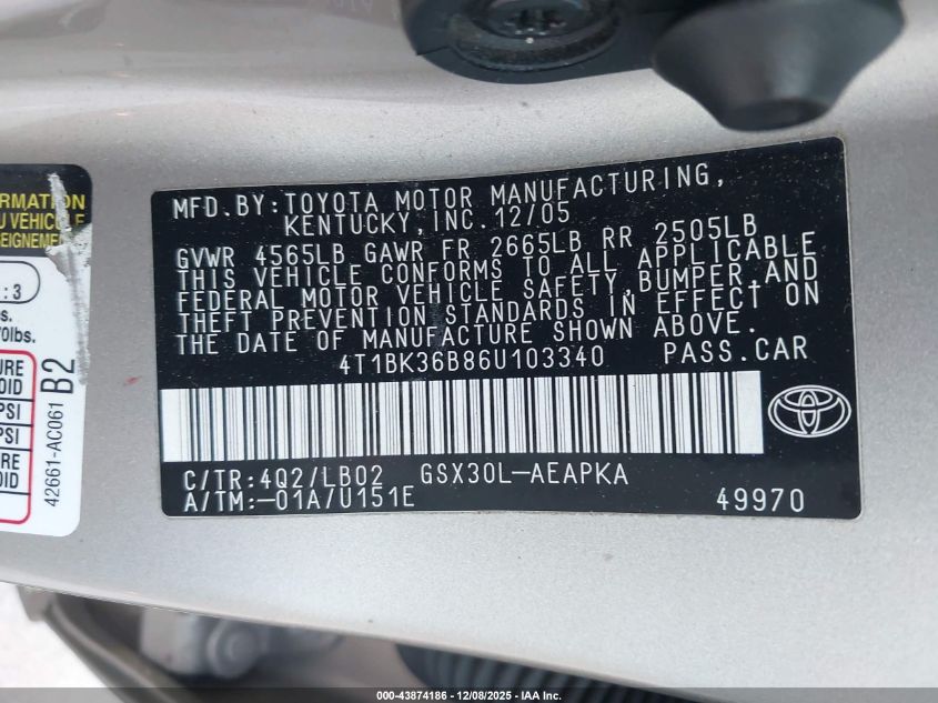 2006 Toyota Avalon Limited VIN: 4T1BK36B86U103340 Lot: 43874186