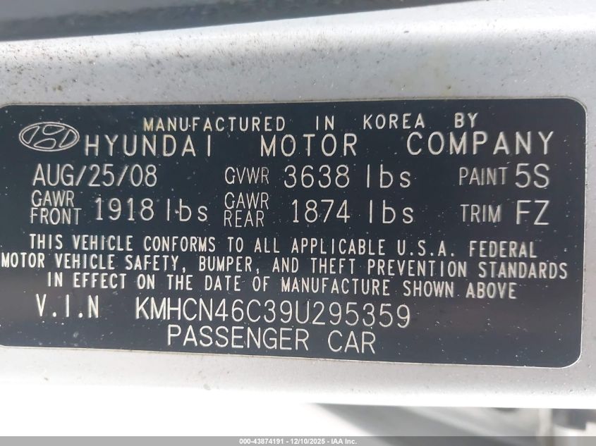 2009 Hyundai Accent Gls VIN: KMHCN46C39U295359 Lot: 43874191