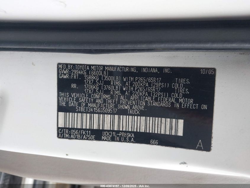 2006 Toyota Tundra Sr5 V8 VIN: 5TBET34156S509517 Lot: 43874197