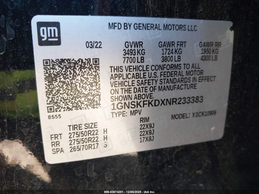 2022 Chevrolet Suburban 4Wd Premier VIN: 1GNSKFKDXNR233383 Lot: 43874201