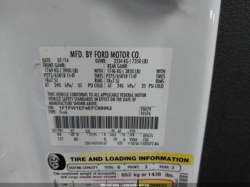 2014 Ford F-150 Xlt VIN: 1FTFW1EF4EFC66962 Lot: 43874208