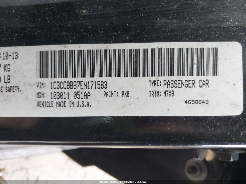 2014 Chrysler 200 Touring VIN: 1C3CCBBB7EN171583 Lot: 43874223