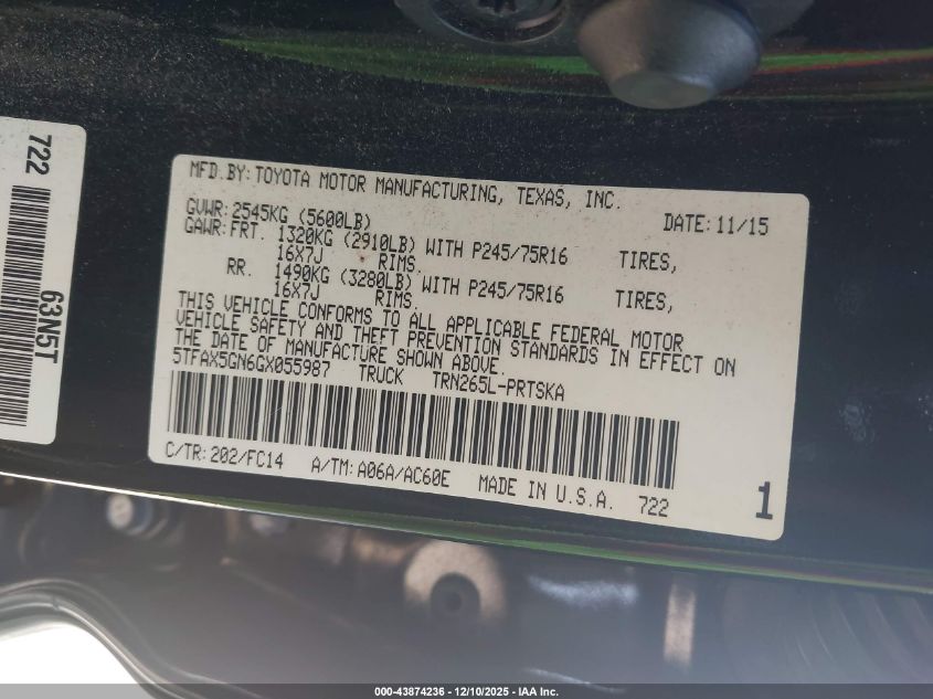 2016 Toyota Tacoma Sr5 VIN: 5TFAX5GN6GX055987 Lot: 43874236