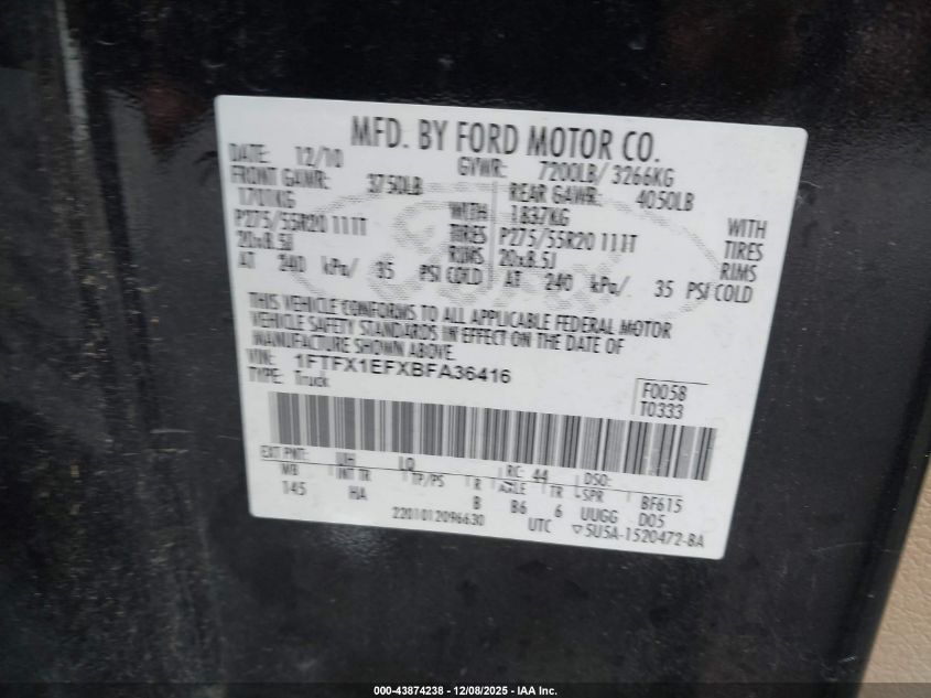 2011 Ford F-150 Lariat VIN: 1FTFX1EFXBFA36416 Lot: 43874238