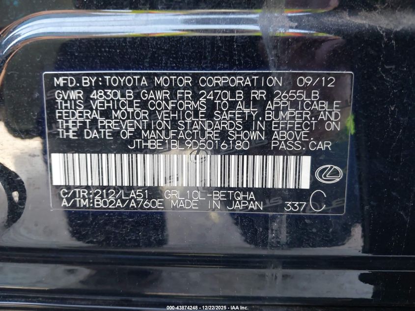 2013 Lexus Gs 350 VIN: JTHBE1BL9D5016180 Lot: 43874248