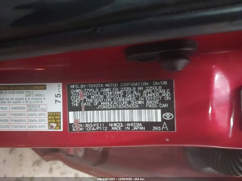 2008 Toyota Prius VIN: JTDKB20U183434326 Lot: 43874251