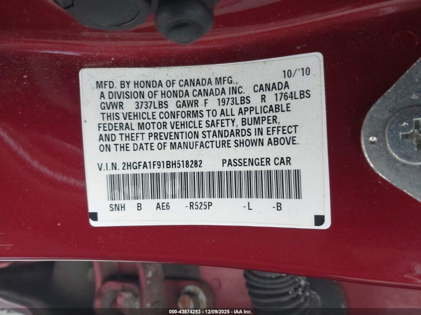 2011 Honda Civic Ex-L VIN: 2HGFA1F91BH518282 Lot: 43874253