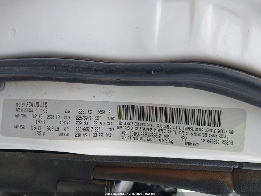 2015 Jeep Cherokee Sport VIN: 1C4PJLAB8FW722612 Lot: 43874264