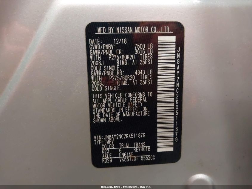 2019 Nissan Armada Sl VIN: JN8AY2NC2KX511879 Lot: 43874269