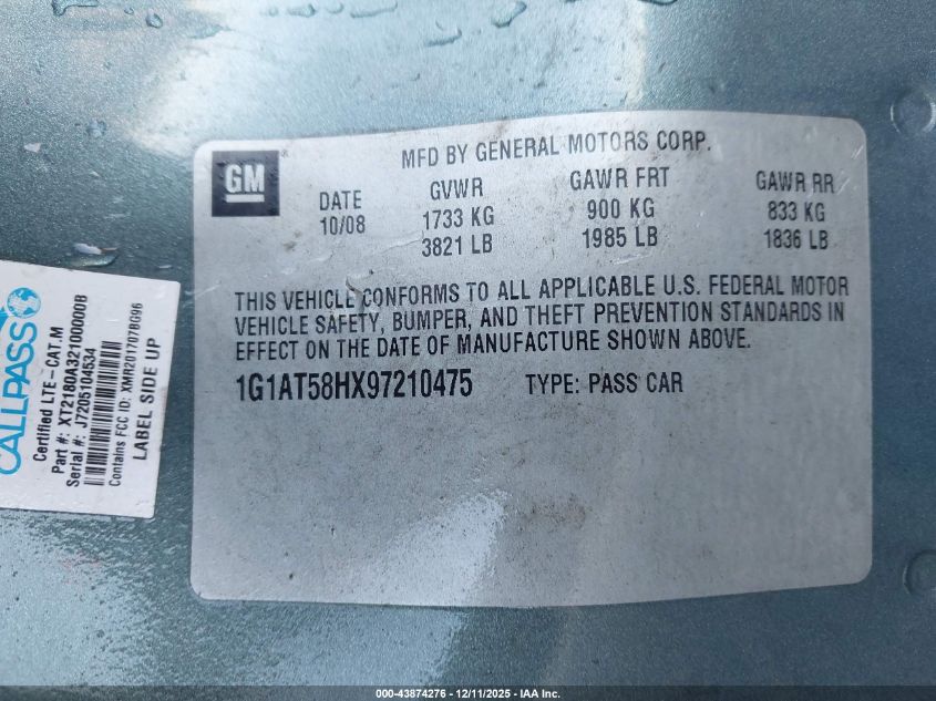 2009 Chevrolet Cobalt Lt VIN: 1G1AT58HX97210475 Lot: 43874276