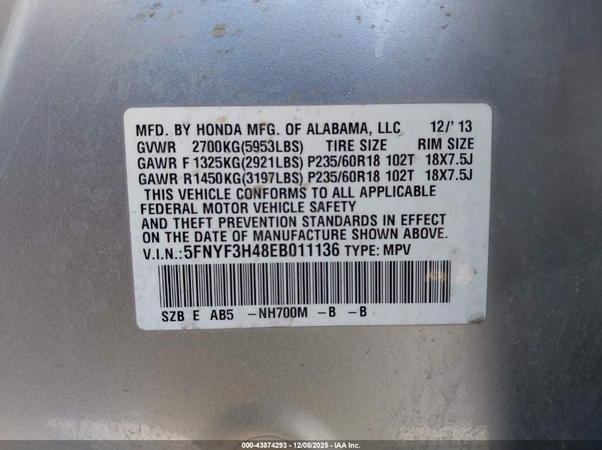 2014 Honda Pilot Ex VIN: 5FNYF3H48EB011136 Lot: 43874293