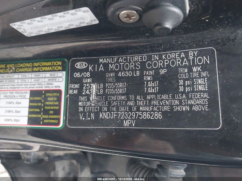 2009 Kia Sportage Lx V6 VIN: KNDJF723297586286 Lot: 43874297