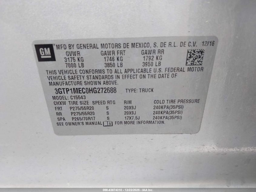 2017 GMC Sierra 1500 Sle VIN: 3GTP1MEC0HG272688 Lot: 43874310