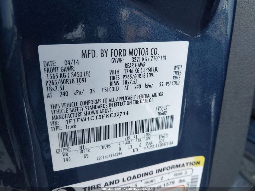 2014 Ford F-150 Xlt VIN: 1FTFW1CT5EKE32714 Lot: 43874321
