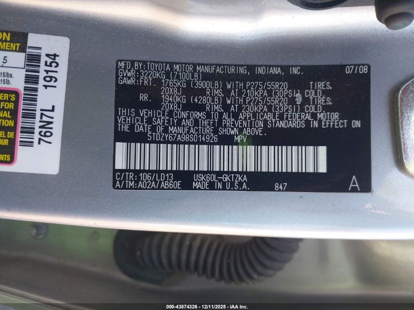 2008 Toyota Sequoia Platinum 5.7L V8 VIN: 5TDZY67A98S014926 Lot: 43874326