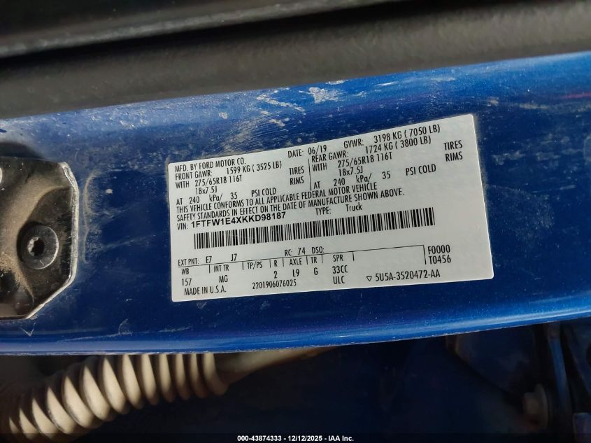 2019 Ford F-150 Xlt VIN: 1FTFW1E4XKKD98187 Lot: 43874333
