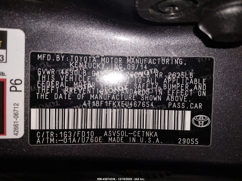 2014 Toyota Camry Le VIN: 4T1BF1FKXEU467654 Lot: 43874336
