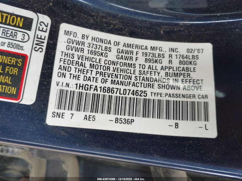 2007 Honda Civic Ex VIN: 1HGFA16867L074625 Lot: 43874368