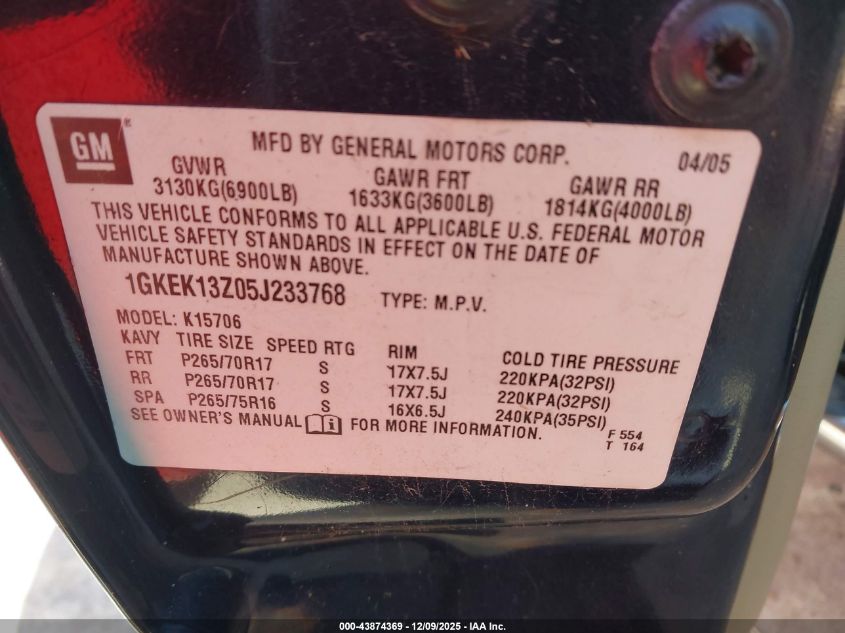 2005 GMC Yukon Slt VIN: 1GKEK13Z05J233768 Lot: 43874369