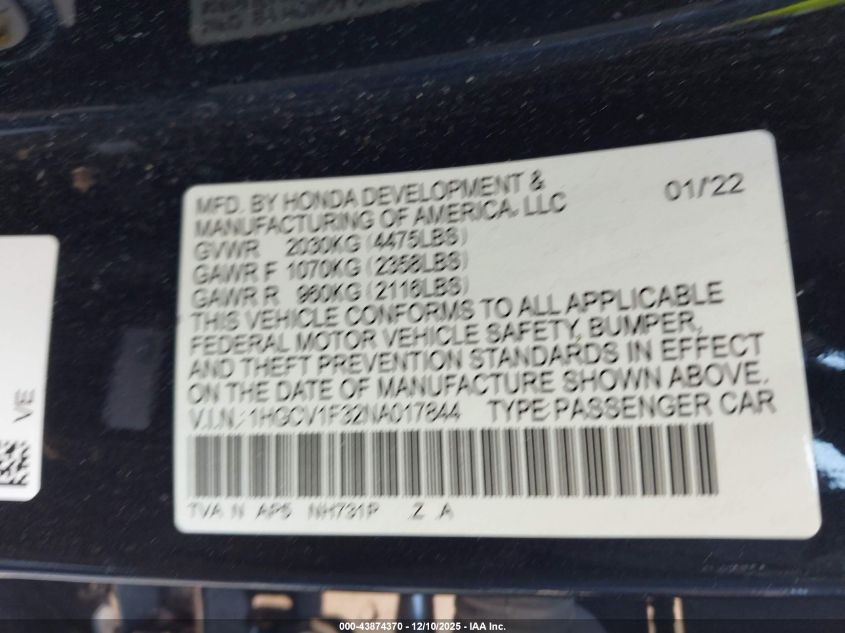 2022 Honda Accord Sport VIN: 1HGCV1F32NA017844 Lot: 43874370