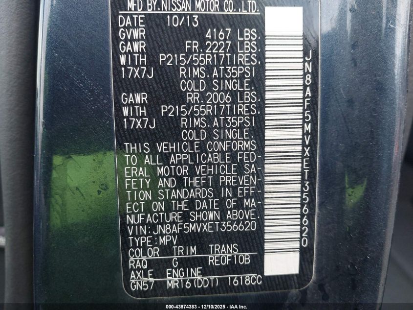 2014 Nissan Juke S VIN: JN8AF5MVX3T356620 Lot: 43874383