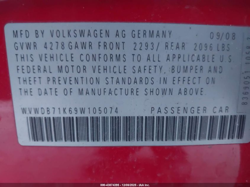 2009 Volkswagen Rabbit S VIN: WVWDB71K69W105074 Lot: 43874395